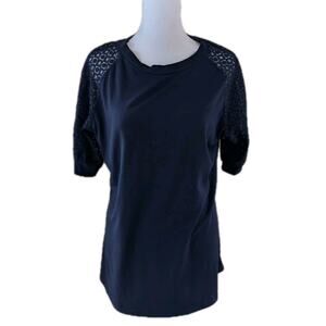 Eshavee Women's Size Medium Knit Top Shirt Navy Blue Navy Crochet Lace Sleeves65